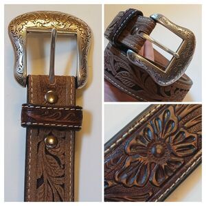 Cavender's Mens Belt Sz 38 Brown Genuine Embossed Leather w Buckle Western
